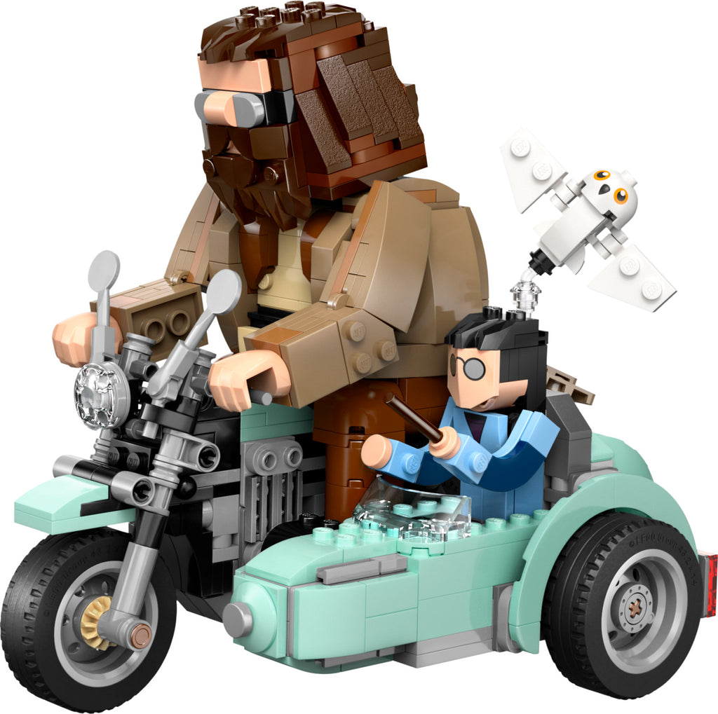 Harry Potter and Hagrid LEGO minifigures on enchanted motorcycle