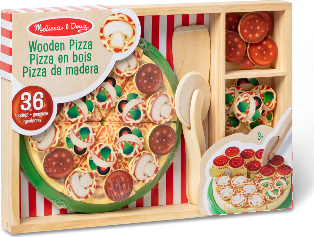 Pizza Party wooden play food set with 54 toppings, pizza cutter, and spatula for pretend play