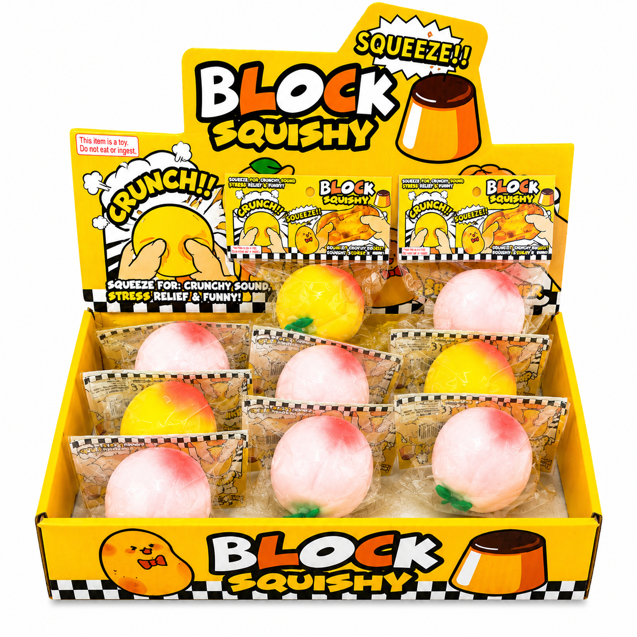 Peach Crunchy Squishy fruit sensory fidget toys in assorted pink and yellow colors