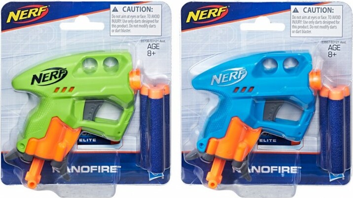 Nerf Elite Nanofire compact blaster with dart storage handle, priming mechanism and 3 Elite darts included