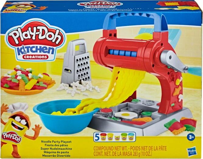 Play-Doh Noodle Party Playset by Hasbro with pasta machine, cutters, and 5 cans of modeling compound for ages 3+