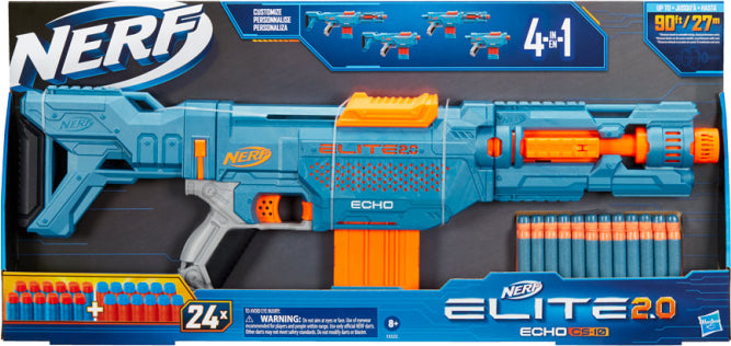 Nerf Elite 2.0 Echo CS-10 blaster with removable stock, barrel extension, and 10-dart clip