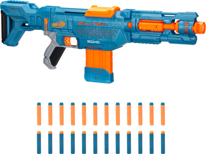 Nerf Elite 2.0 Echo CS-10 blaster with removable stock, barrel extension, and 10-dart clip