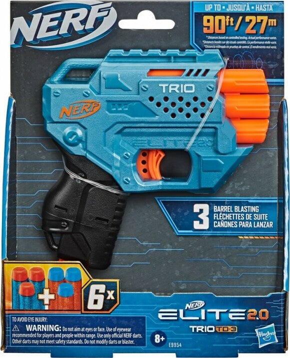 Nerf Elite 2.0 Trio TD-3 blaster with 3 stacked barrels and tactical rail for customizable foam dart shooting
