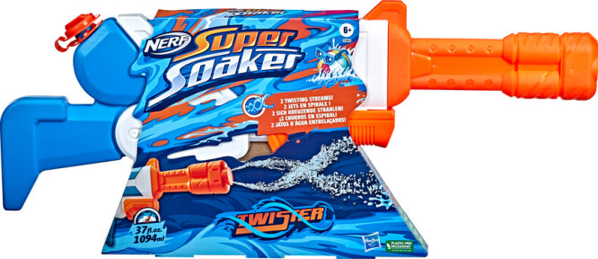 Nerf Super Soaker Twister water blaster with rotating barrel that creates double helix water streams for outdoor water play