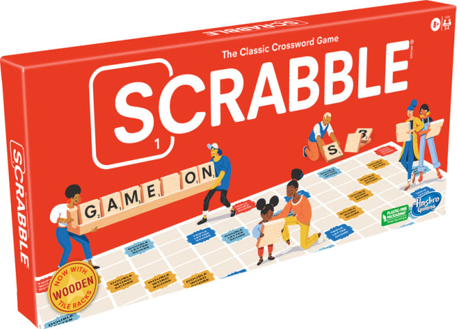 Classic Scrabble Refresh board game by Hasbro with wooden tiles and racks for ages 8+ family word game