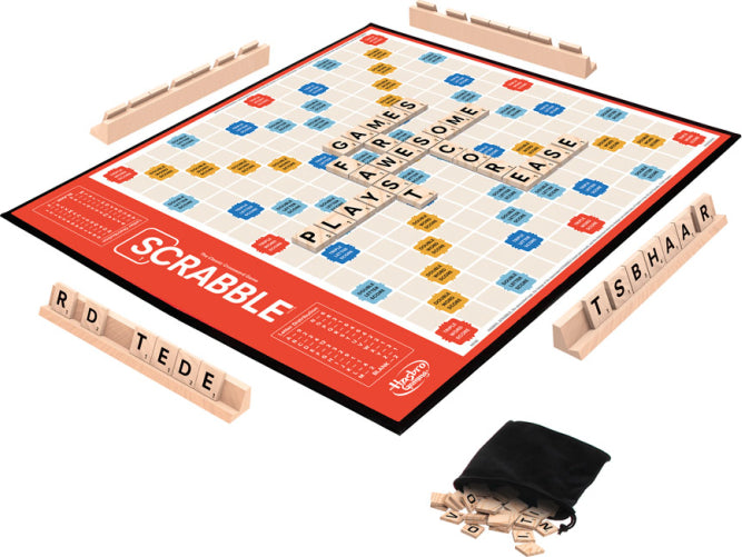 Classic Scrabble Refresh board game by Hasbro with wooden tiles and racks for ages 8+ family word game