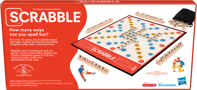 Classic Scrabble Refresh board game by Hasbro with wooden tiles and racks for ages 8+ family word game