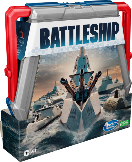 Battleship Classic board game with portable battle cases, plastic ships, and red and white pegs for naval combat strategy game