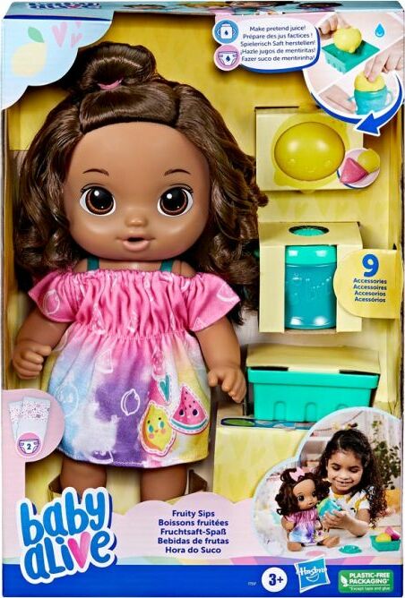 Baby Alive Fruity Sips Brunette doll with pretend juicer and feeding accessories