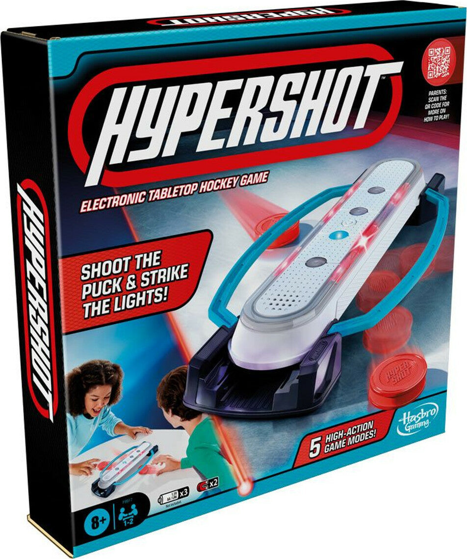 Hypershot electronic hockey game with portable tabletop air hockey action