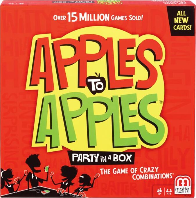 Apples to Apples Party in a Box card game by Mattel featuring colorful game cards and packaging for ages 12 and up