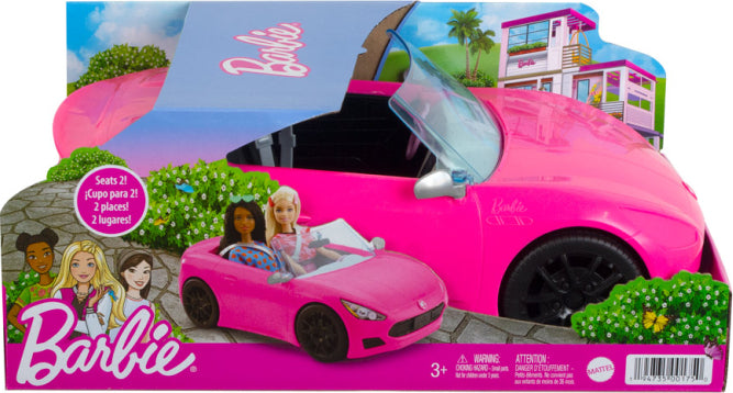 Barbie convertible car in bright pink with working wheels and stylish design for doll adventures