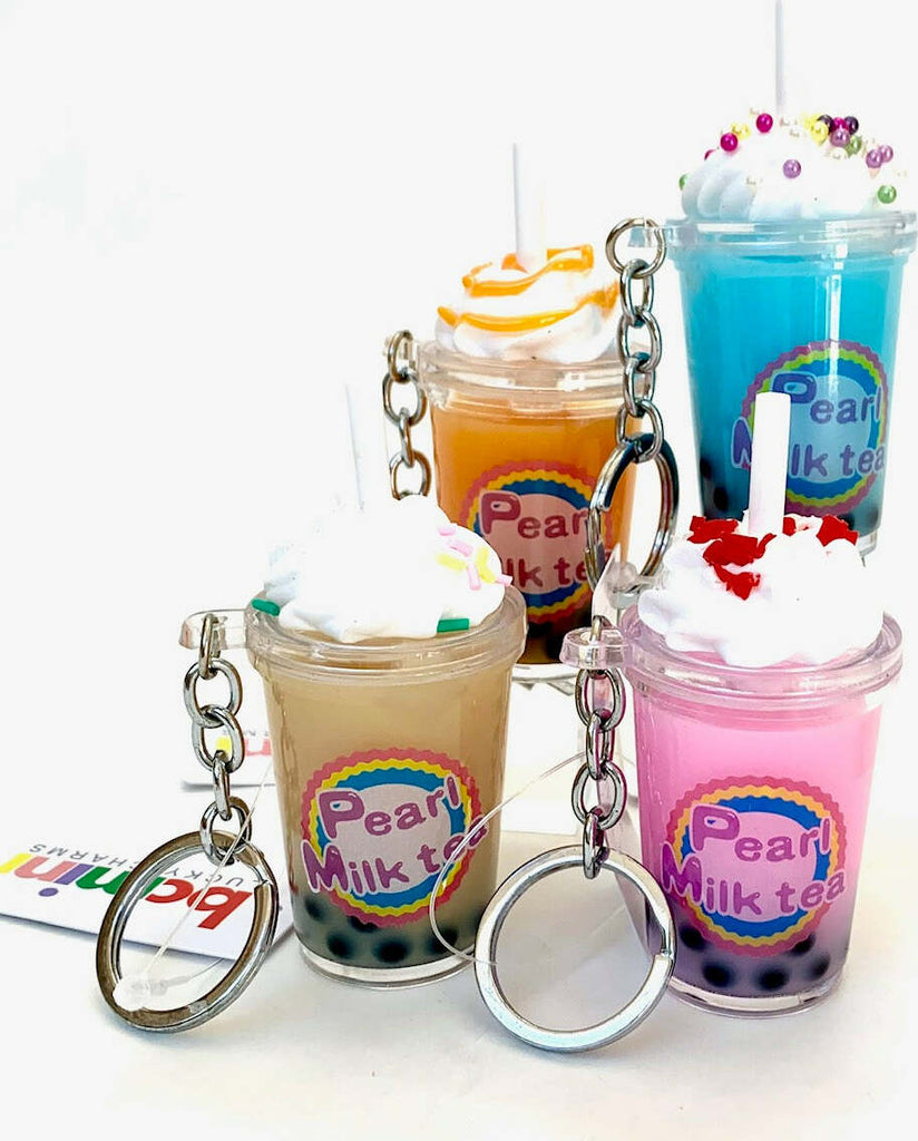 BC Mini Boba Milk Tea charm keyring with detailed bubble tea design, 2.5 inches tall collectible accessory