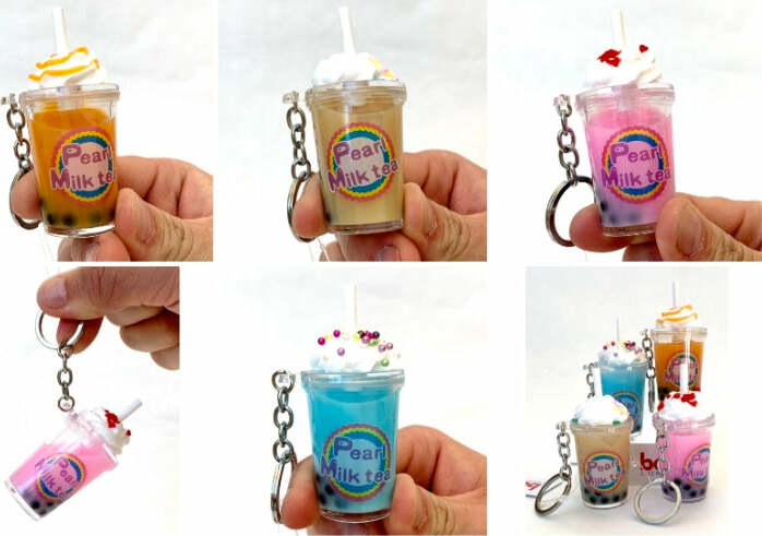 BC Mini Boba Milk Tea charm keyring with detailed bubble tea design, 2.5 inches tall collectible accessory