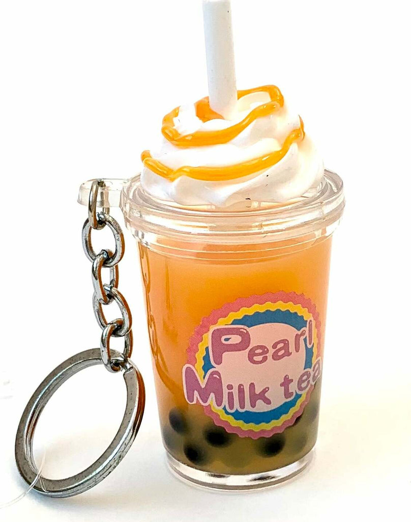 BC Mini Boba Milk Tea charm keyring with detailed bubble tea design, 2.5 inches tall collectible accessory