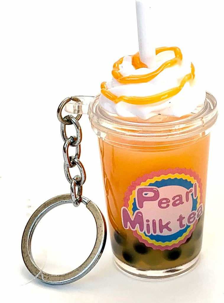 BC Mini Boba Milk Tea charm keyring with detailed bubble tea design, 2.5 inches tall collectible accessory