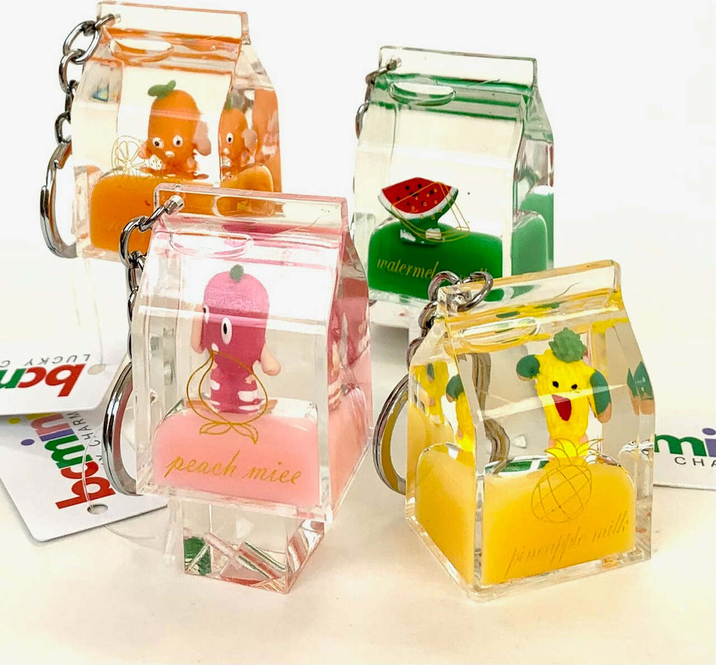 Fruit carton shaped floating key charm with keyring and clip attachment in assorted designs