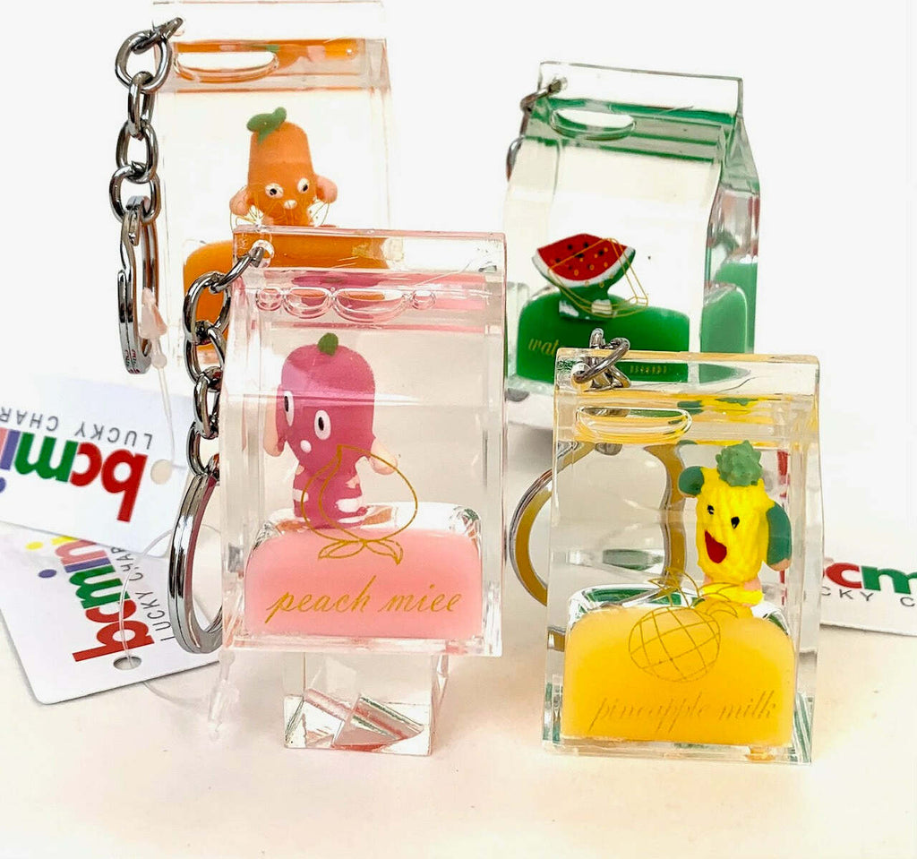 Fruit carton shaped floating key charm with keyring and clip attachment in assorted designs