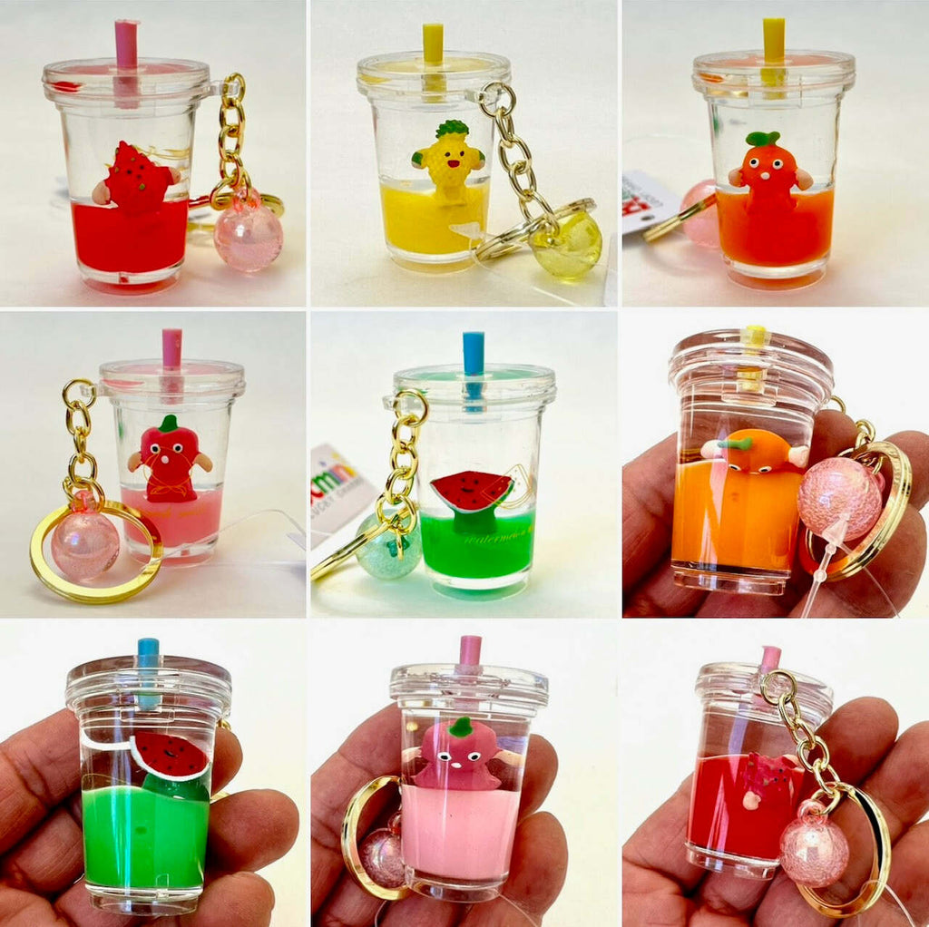 Cute fruit boba tea shaped floating key charm with keyring and clip for bags