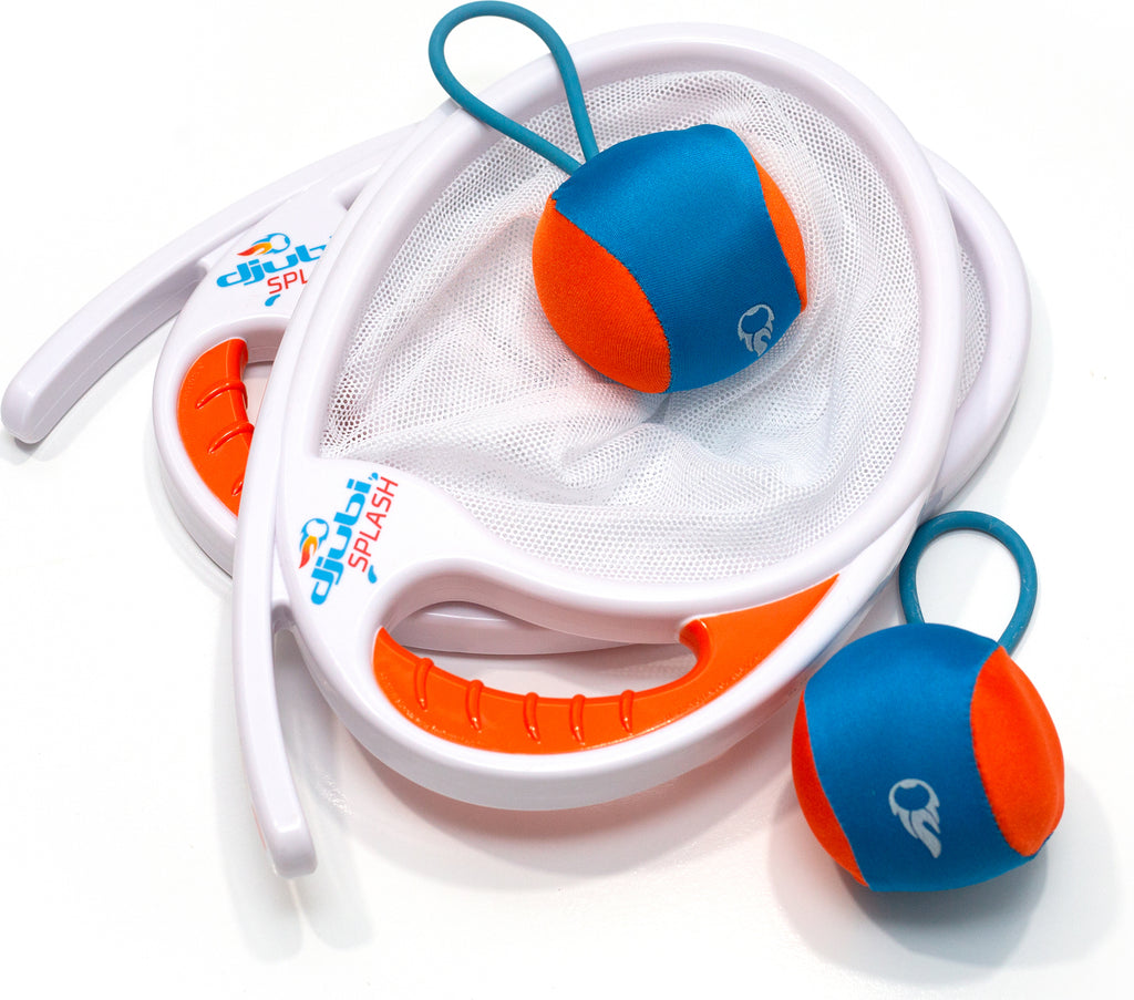 Djubi Slingball Splash launcher toy that shoots orange ball 80 feet high with self-opening parachute for outdoor play