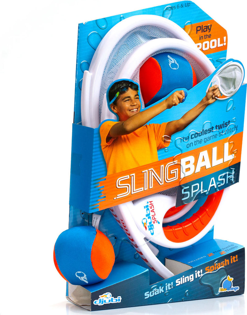 Djubi Slingball Splash launcher toy that shoots orange ball 80 feet high with self-opening parachute for outdoor play