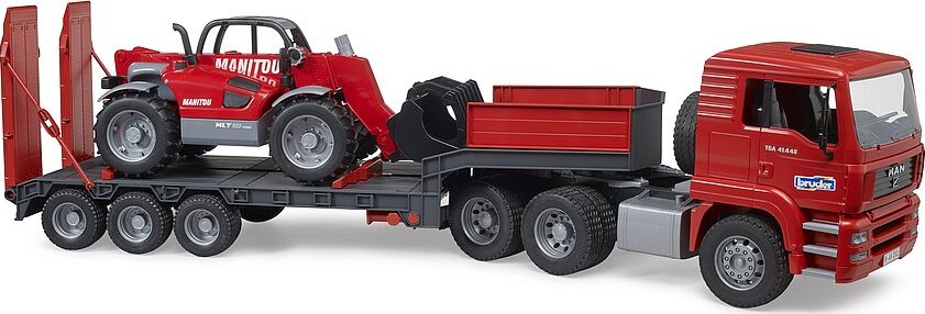 MAN TGA Truck with Low Loader Trailer And Manitou Telehandler - Bruder transport truck with telehandler for construction hauling