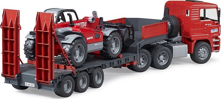 MAN TGA Truck with Low Loader Trailer And Manitou Telehandler - Bruder transport truck with telehandler for construction hauling
