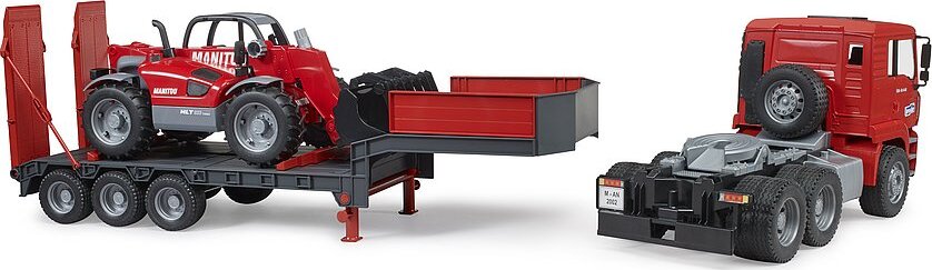 MAN TGA Truck with Low Loader Trailer And Manitou Telehandler - Bruder transport truck with telehandler for construction hauling
