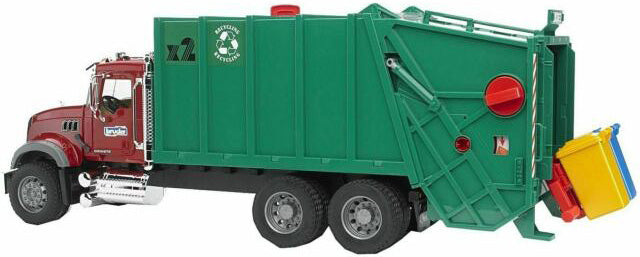 MACK Granite Garbage truck (ruby red-green) - Bruder waste management truck with working functions for city services play
