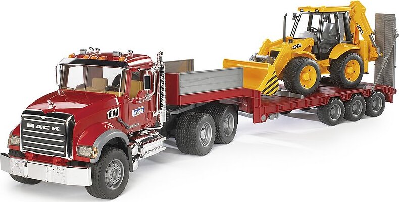 MACK Granite Flatbed Truck with JCB Loader backhoe - Bruder transport truck with JCB backhoe for equipment hauling play
