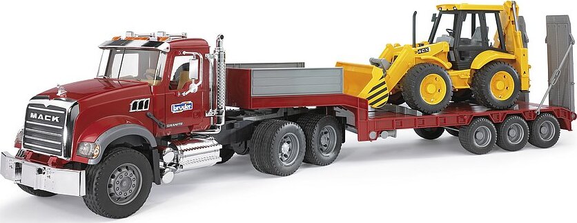MACK Granite Flatbed Truck with JCB Loader backhoe - Bruder transport truck with JCB backhoe for equipment hauling play