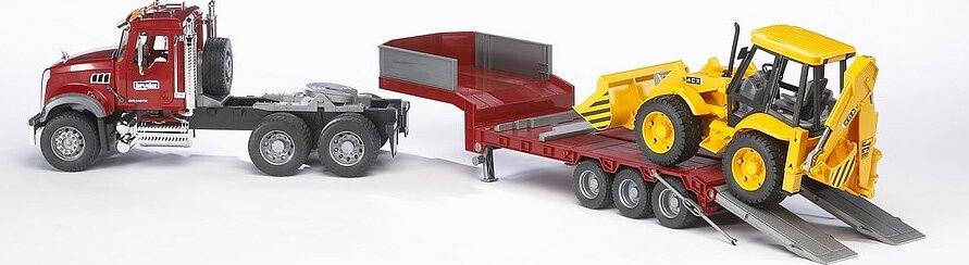 MACK Granite Flatbed Truck with JCB Loader backhoe - Bruder transport truck with JCB backhoe for equipment hauling play