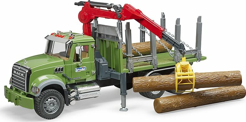 MACK Granite timber truck with loading crane and 3 trunks - Bruder logging truck with working crane and tree trunks