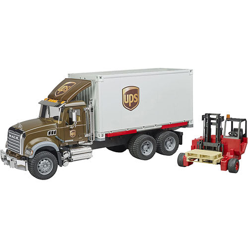 Bruder 02828 MACK Granite UPS logistics truck with forklift - Bruder delivery truck with working forklift for logistics and shipping play