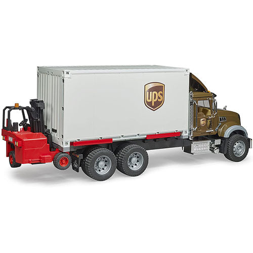 Bruder 02828 MACK Granite UPS logistics truck with forklift - Bruder delivery truck with working forklift for logistics and shipping play