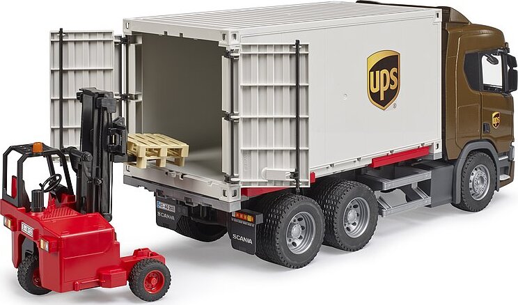 Scania Super 560R Ups Logistics Truck with Forklift - Bruder UPS delivery truck with working forklift for logistics play