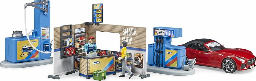 bworld filling station with vehicle and carwash