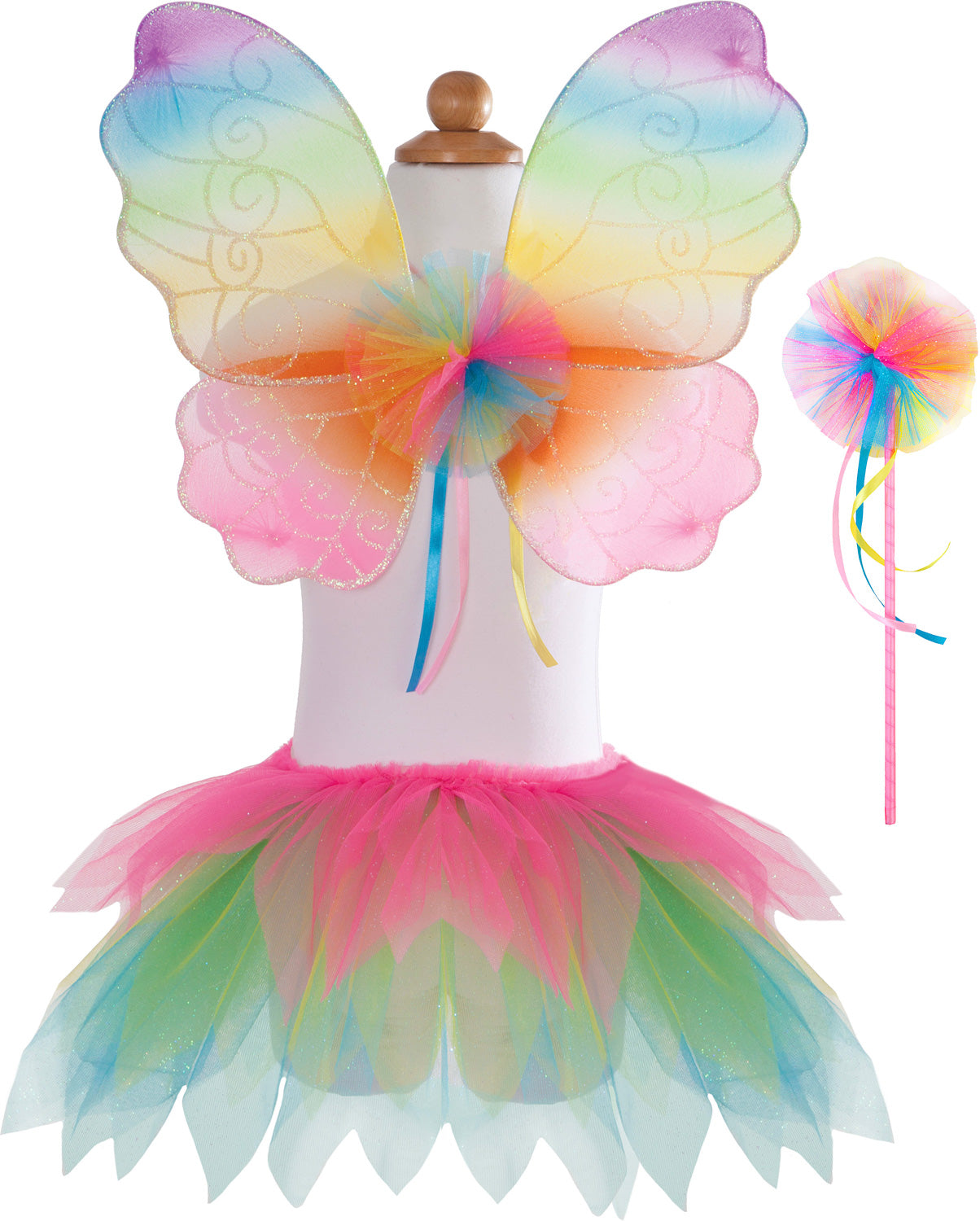 Neon Rainbow Skirt Wings and Wand Set with glittery tulle skirt, rainbow wings and matching wand for fairy play