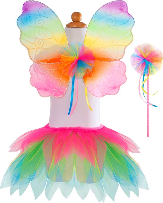 Neon Rainbow Skirt Wings and Wand Set with glittery tulle skirt, rainbow wings and matching wand for fairy play