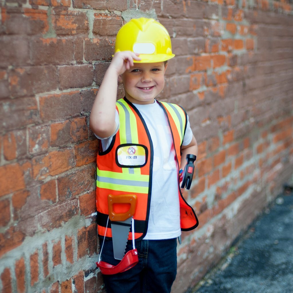 Construction Worker dress-up costume set with orange vest, hard hat, tools and accessories by Great Pretenders for ages 5-6