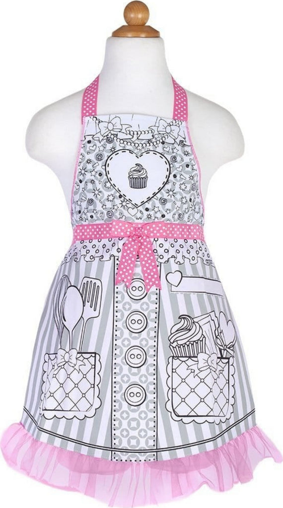 Color-An-Apron size 4-6 with polka dot gingham ribbons, pink glitter tulle ruffle, includes 4 washable markers for customization