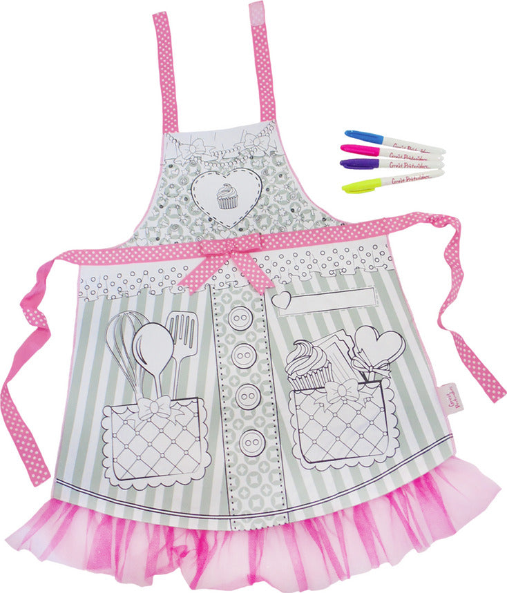 Color-An-Apron size 4-6 with polka dot gingham ribbons, pink glitter tulle ruffle, includes 4 washable markers for customization