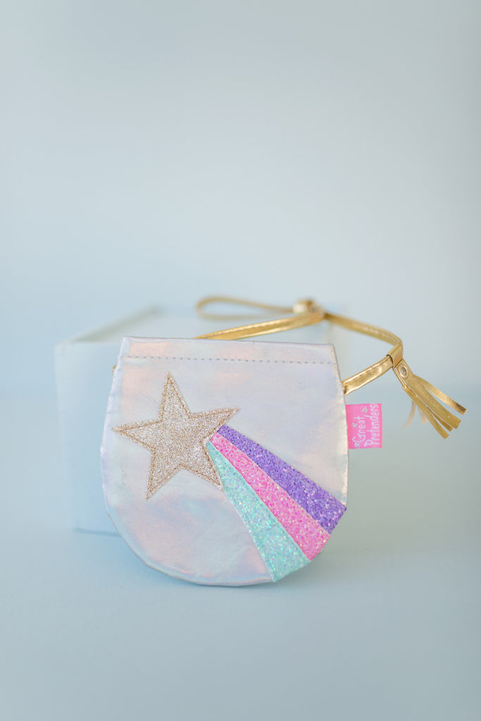 Shining Star petite silver purse with colorful shooting star design, golden shoulder strap with tassel and Velcro closure