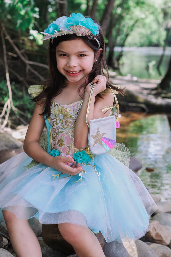 Shining Star petite silver purse with colorful shooting star design, golden shoulder strap with tassel and Velcro closure