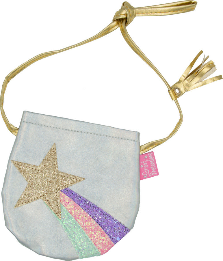 Shining Star petite silver purse with colorful shooting star design, golden shoulder strap with tassel and Velcro closure