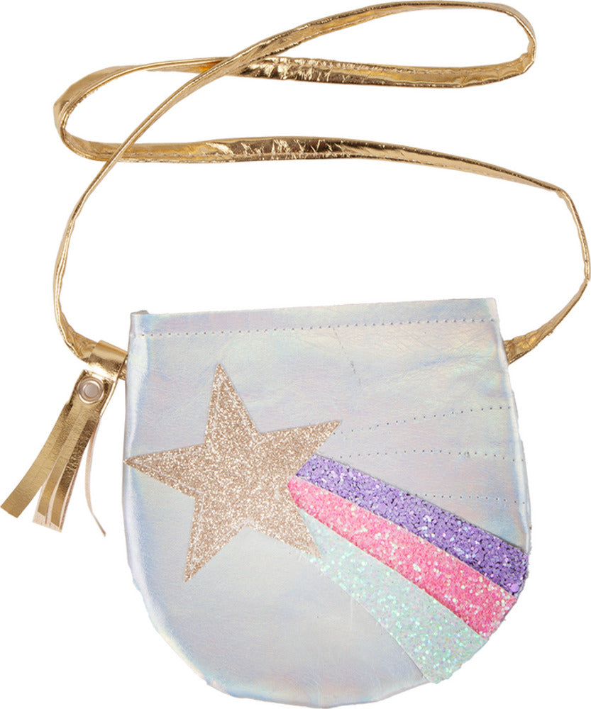 Shining Star petite silver purse with colorful shooting star design, golden shoulder strap with tassel and Velcro closure