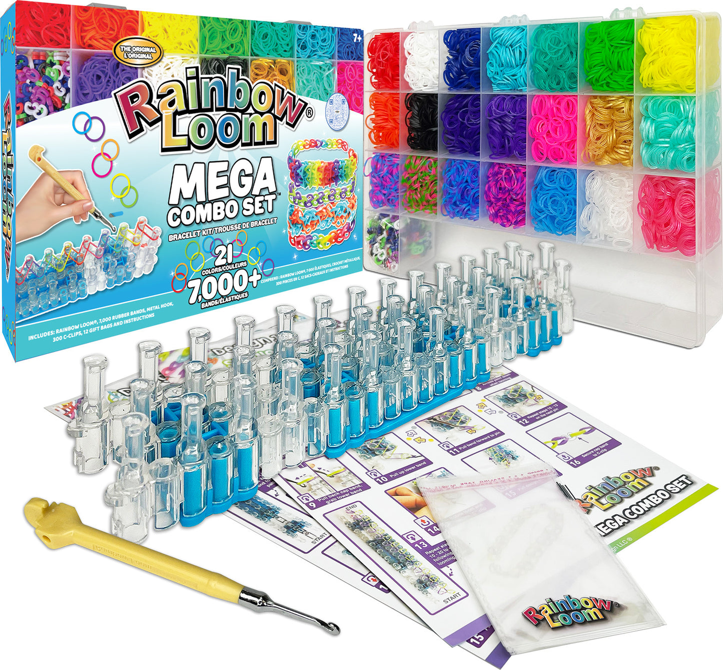 Rainbow Loom Mega Combo with loom board, colorful rubber bands, and hook tool for bracelet making