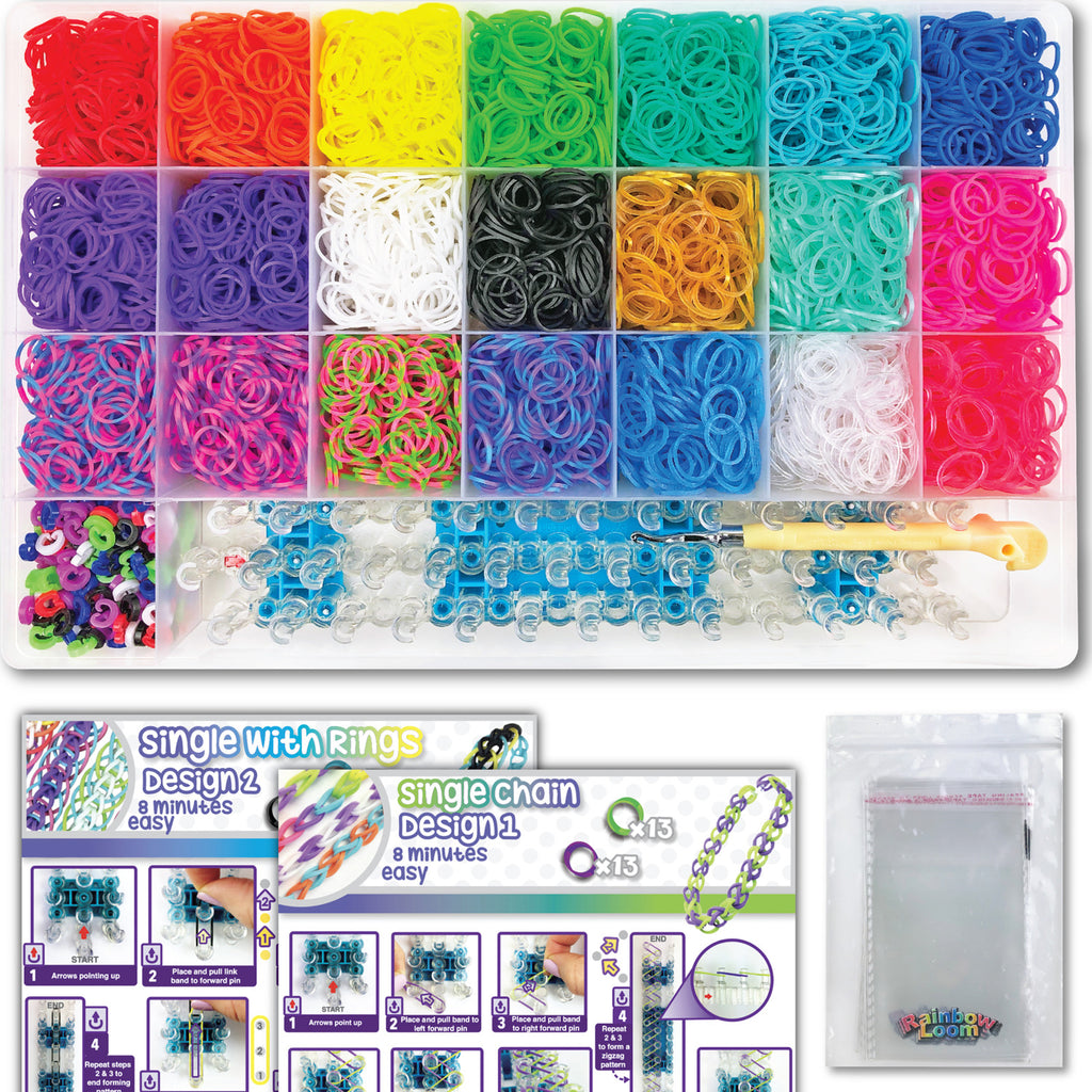 Rainbow Loom Mega Combo with loom board, colorful rubber bands, and hook tool for bracelet making