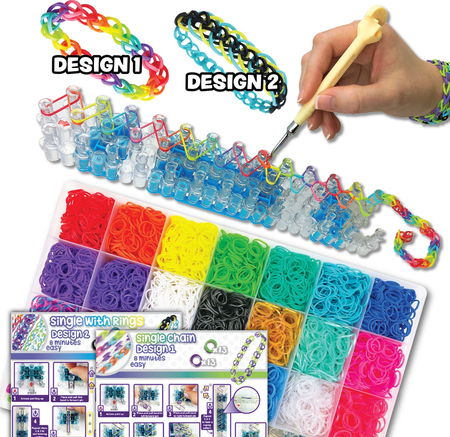 Rainbow Loom Mega Combo with loom board, colorful rubber bands, and hook tool for bracelet making